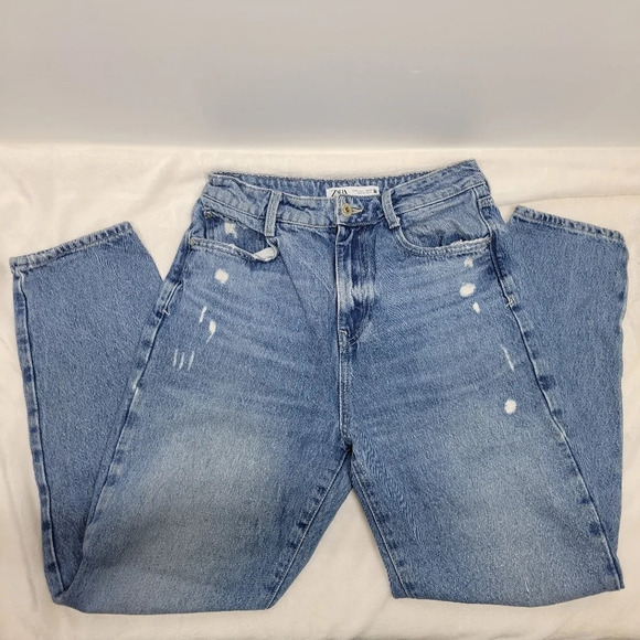 Zara Denim - ZARA Women's High Rise Ripped Mom Jeans Size 4 Destroyed Distressed Medium Wash